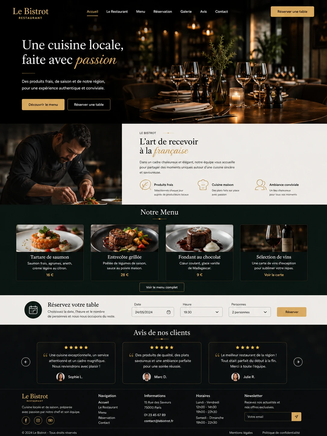 Maquette professionnelle site web restaurant local avec menu, réservation et avis clients